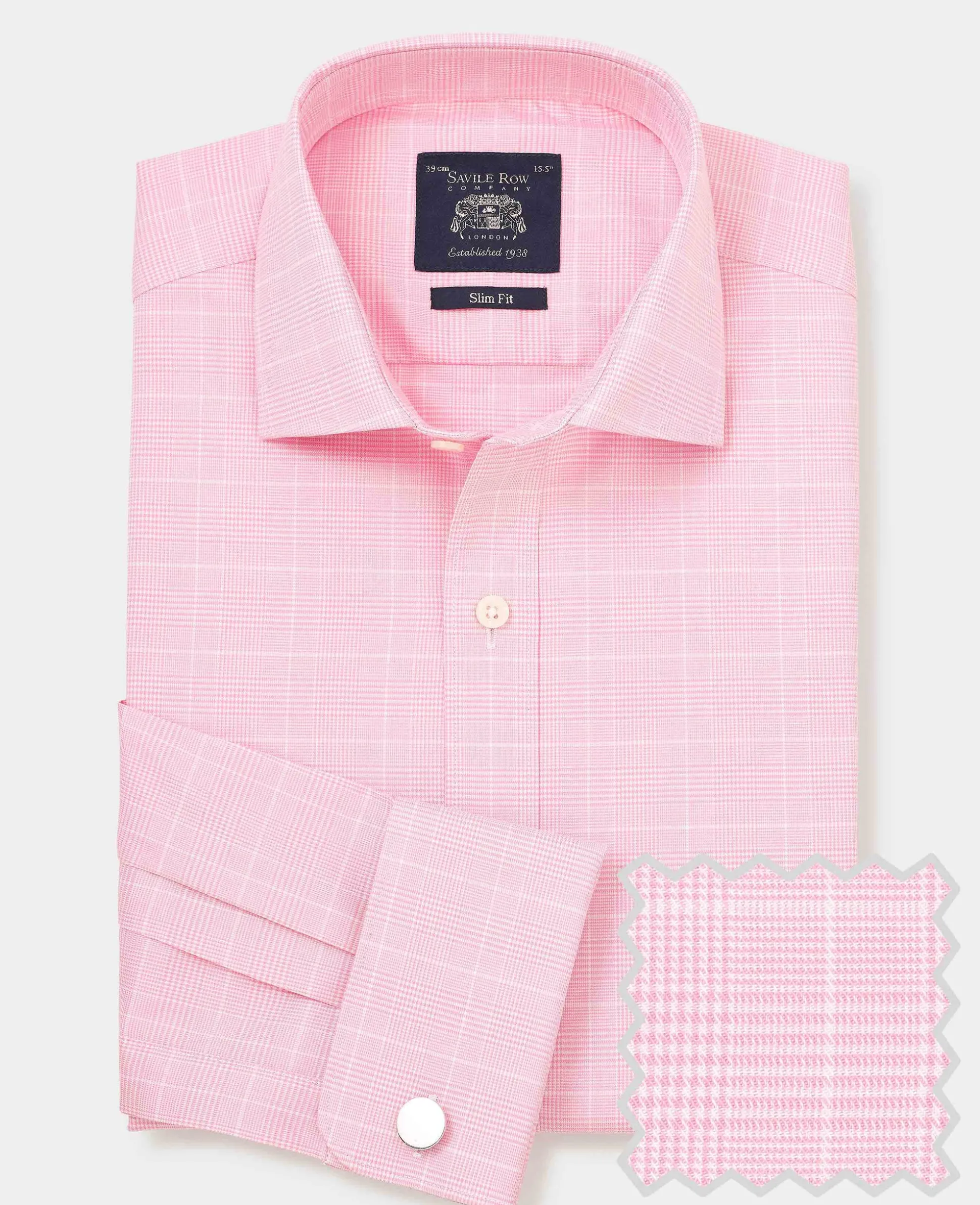 Pink White Cotton Prince of Wales Check Slim Fit Formal Shirt - Double Cuff
