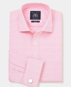 Pink White Cotton Prince of Wales Check Slim Fit Formal Shirt - Double Cuff