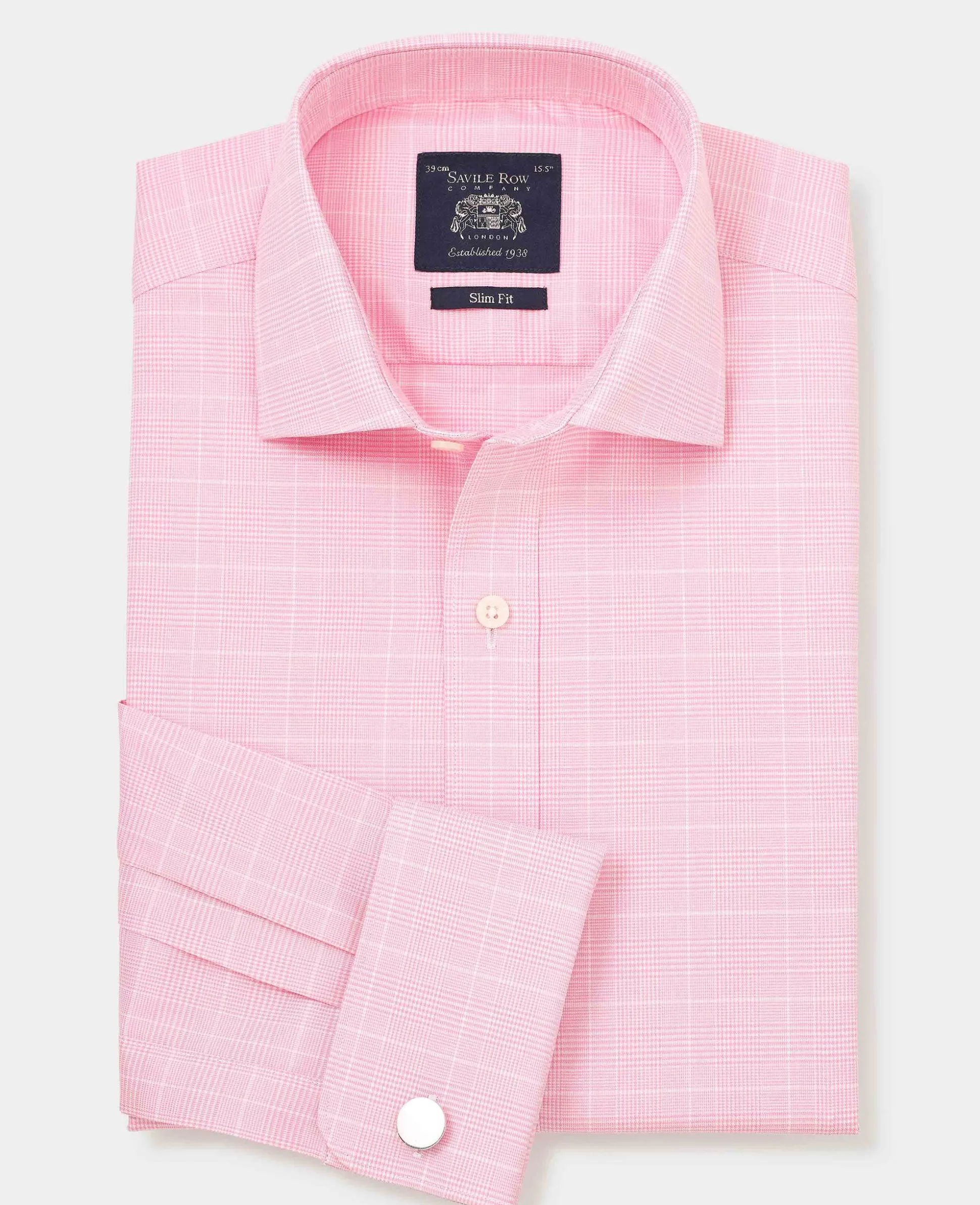 Pink White Cotton Prince of Wales Check Slim Fit Formal Shirt - Double Cuff
