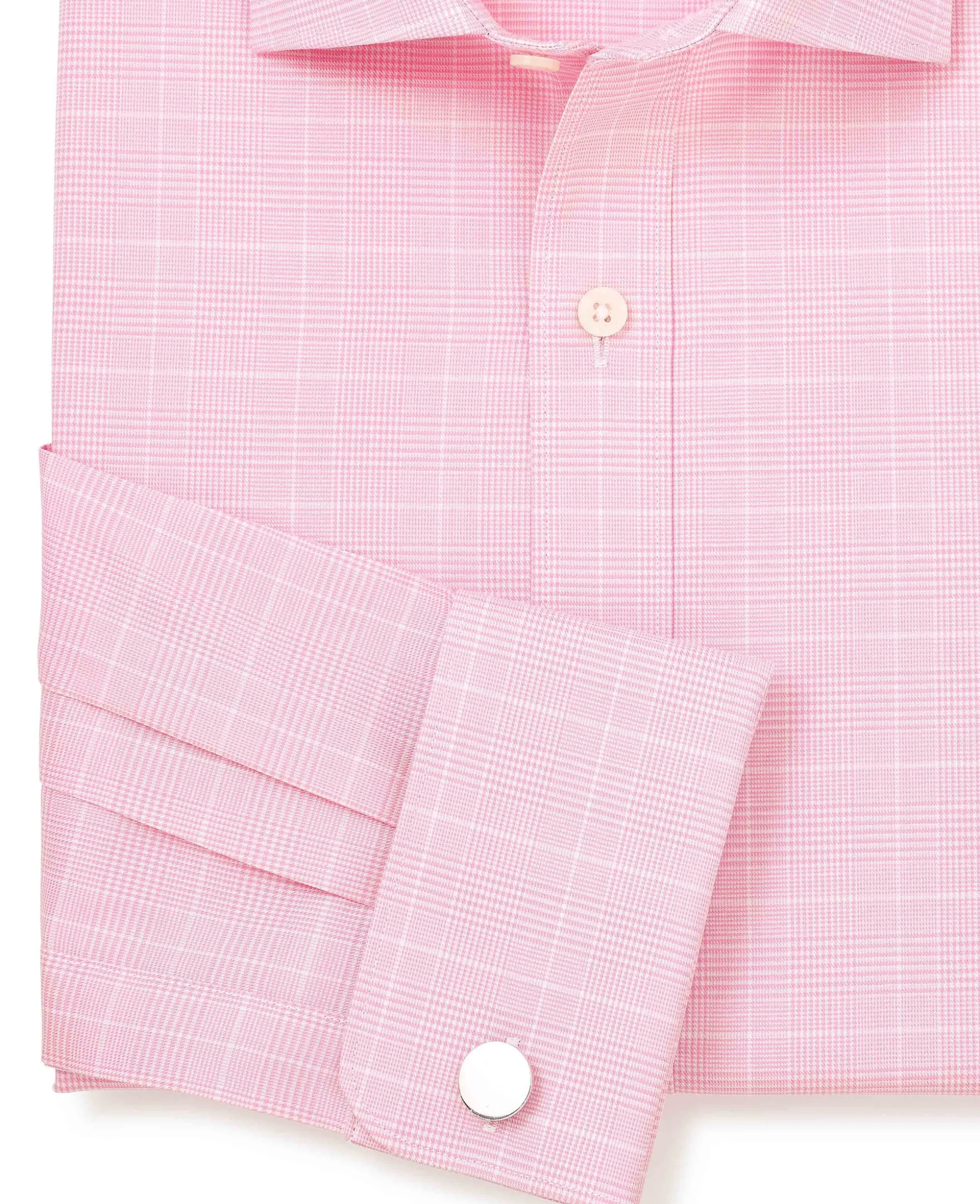 Pink White Cotton Prince of Wales Check Slim Fit Formal Shirt - Double Cuff