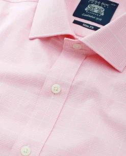 Pink White Cotton Prince of Wales Check Slim Fit Formal Shirt - Double Cuff