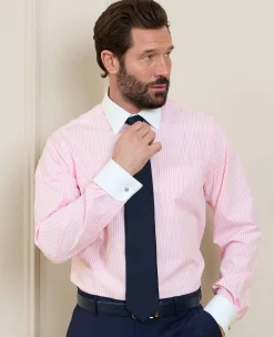 Pink White Cotton Striped Slim Fit Winchester Formal Shirt - Double Cuff