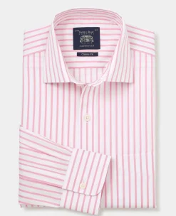 Pink White Stripe Cotton Classic Fit Formal Shirt - Single Cuff