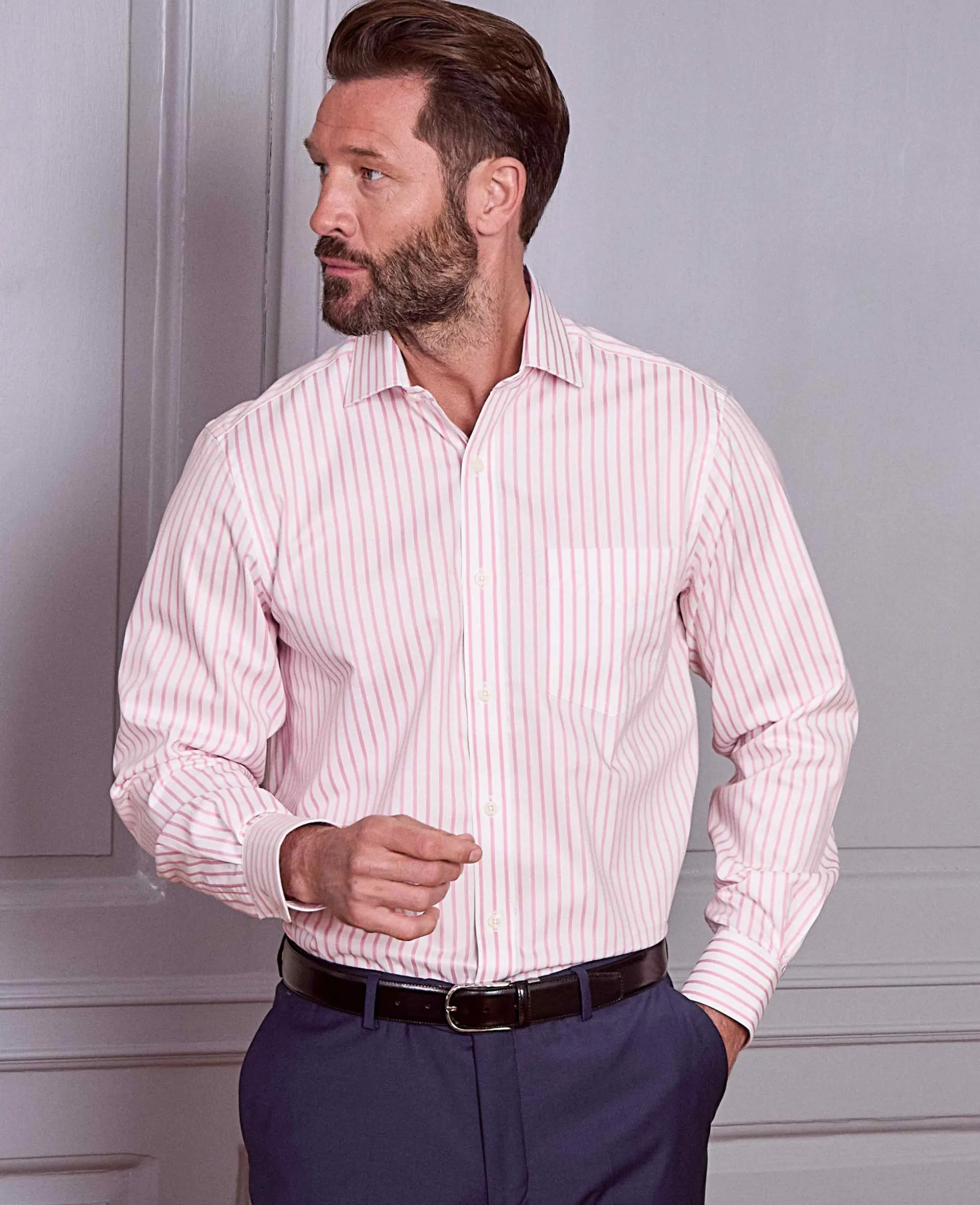Pink White Stripe Cotton Classic Fit Formal Shirt - Single Cuff