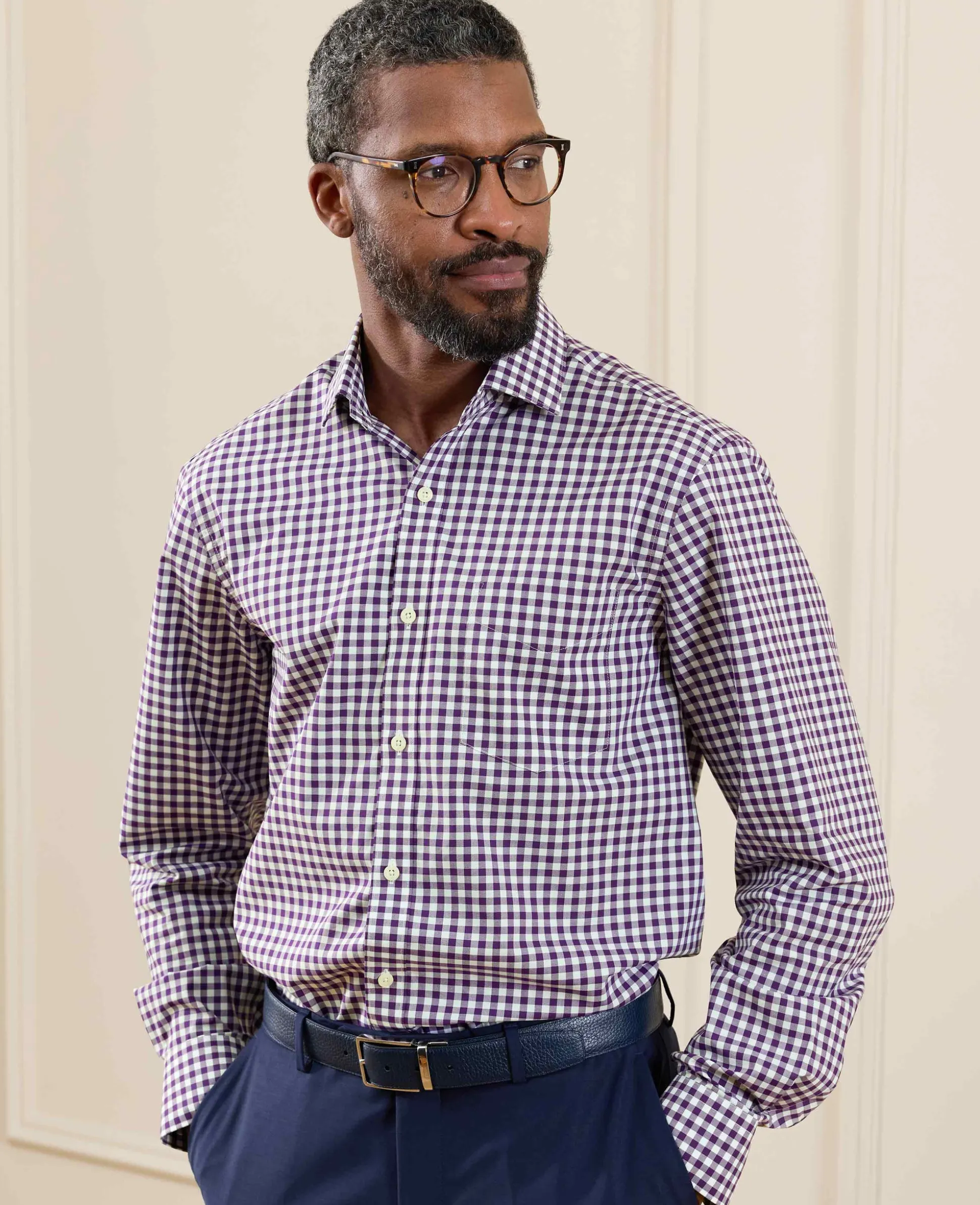 Purple Cotton Poplin Gingham Check Classic Fit Formal Shirt - Single Cuff