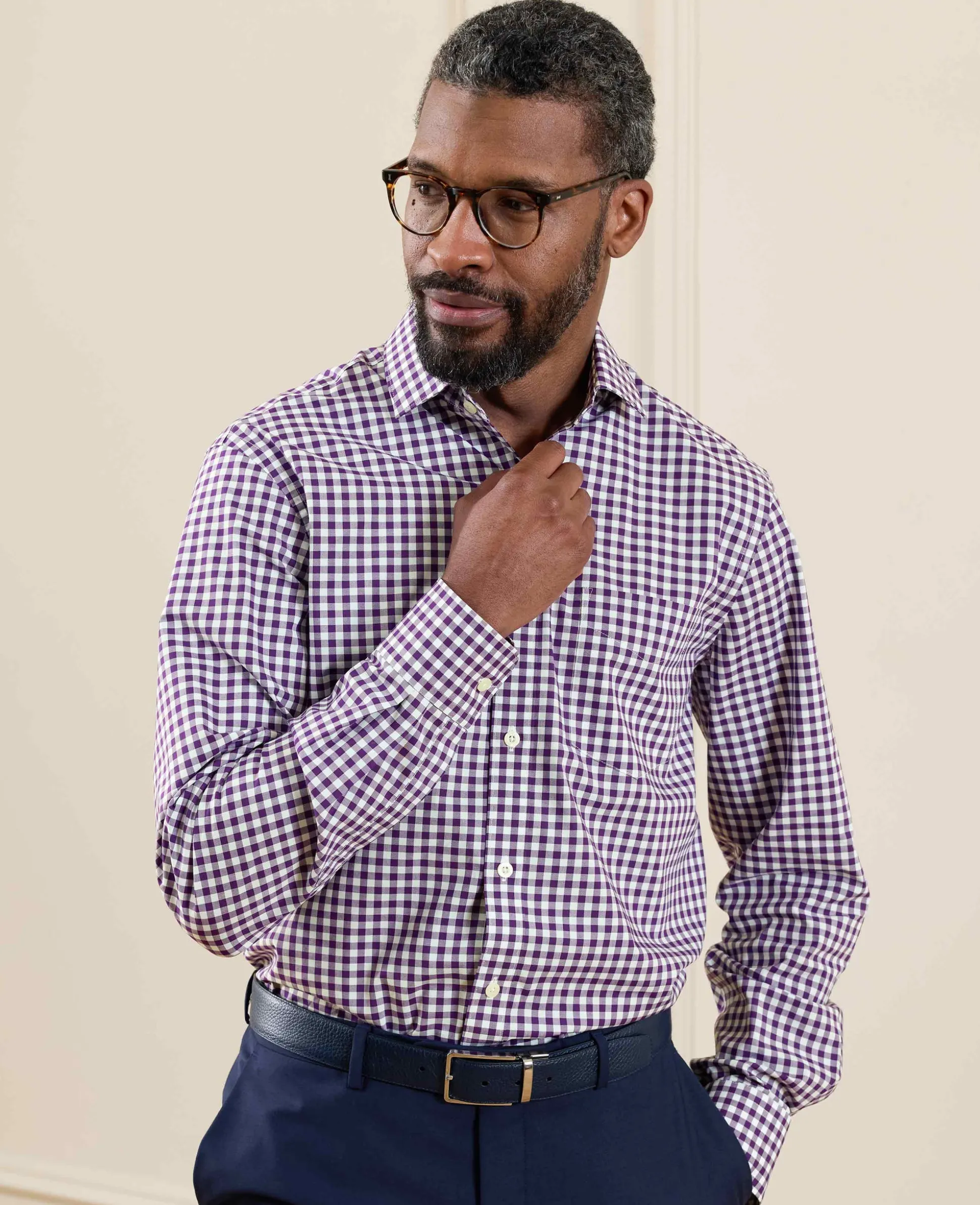 Purple Cotton Poplin Gingham Check Classic Fit Formal Shirt - Single Cuff