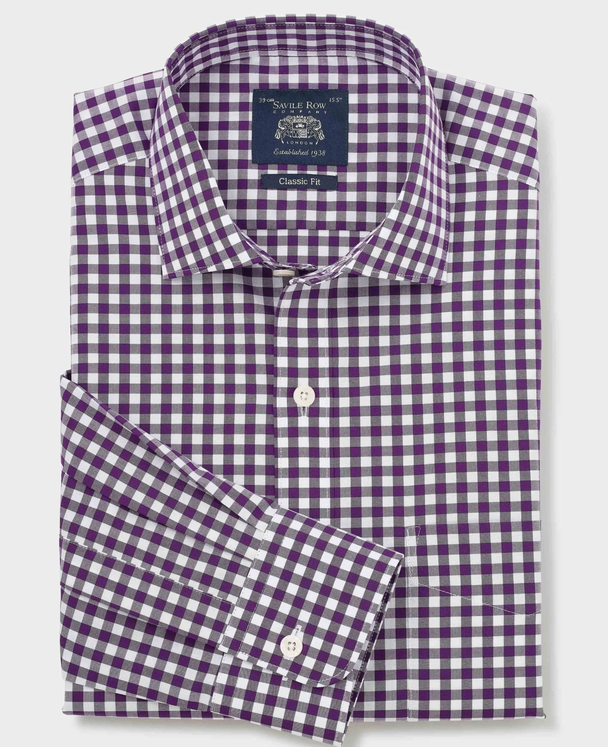 Purple Cotton Poplin Gingham Check Classic Fit Formal Shirt - Single Cuff