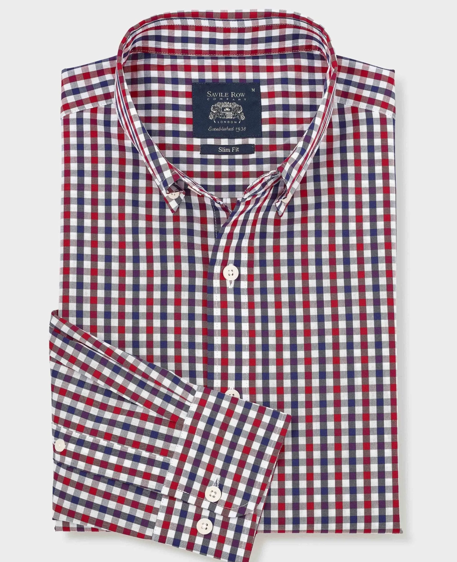 Red Blue Poplin Gingham Check Slim Fit Casual Shirt