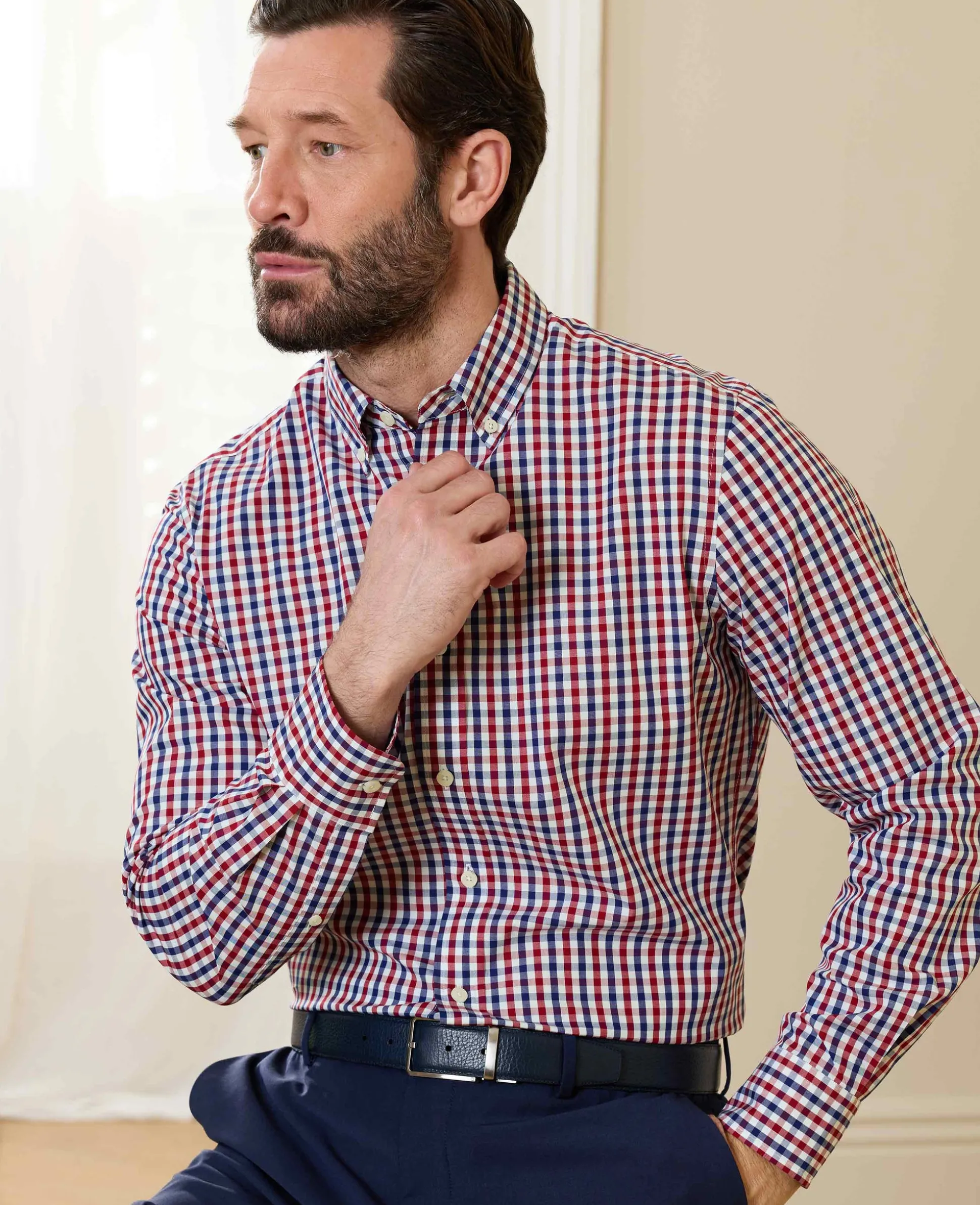 Red Blue Poplin Gingham Check Slim Fit Casual Shirt