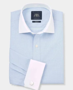 Sky Blue Cotton Gingham Check Slim Fit Winchester Formal Shirt - Double Cuff