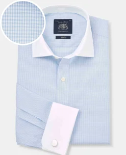 Sky Blue Cotton Gingham Check Slim Fit Winchester Formal Shirt - Double Cuff