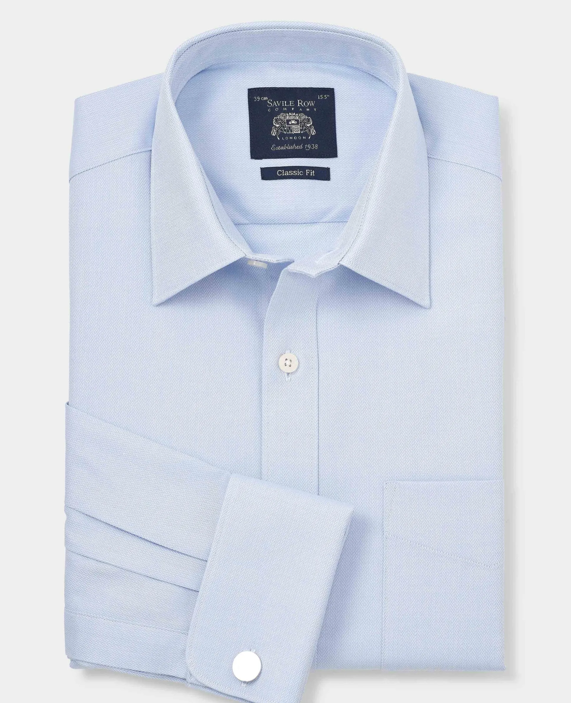 Sky Blue Textured Cotton Herringbone Classic Fit Formal Shirt - Double Cuff