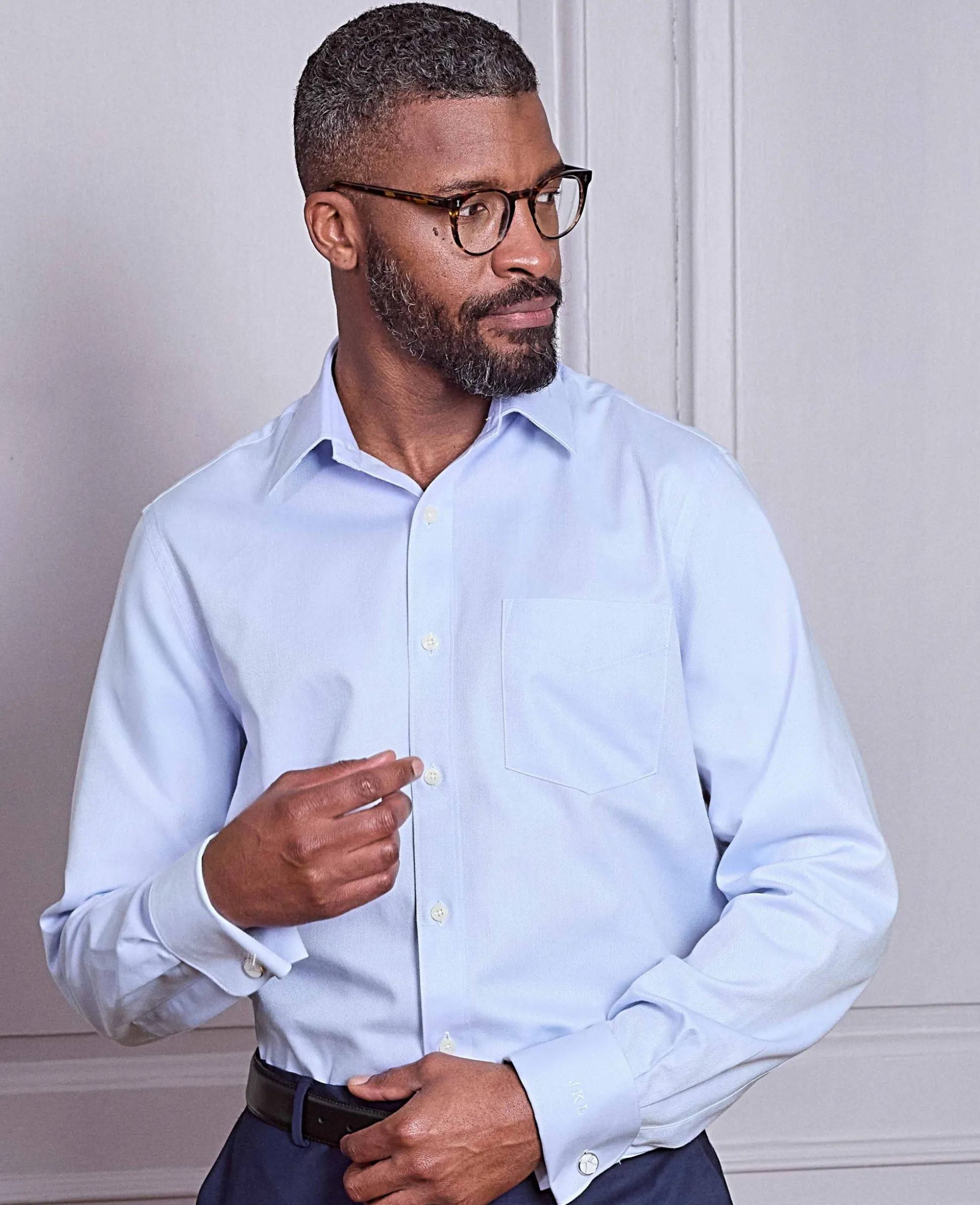 Sky Blue Textured Cotton Herringbone Classic Fit Formal Shirt - Double Cuff