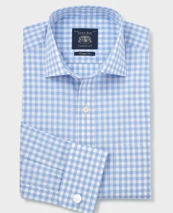 Sky Blue White Cotton Gingham Check Classic Fit Formal Shirt - Double Cuff