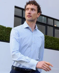 Sky Blue White Cotton Gingham Check Classic Fit Formal Shirt - Double Cuff