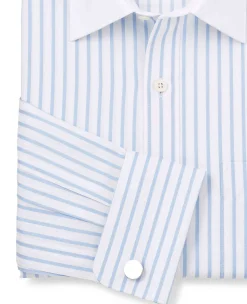 Sky Blue White Cotton Herringbone Stripe Classic Fit Winchester Formal Shirt - Double Cuff