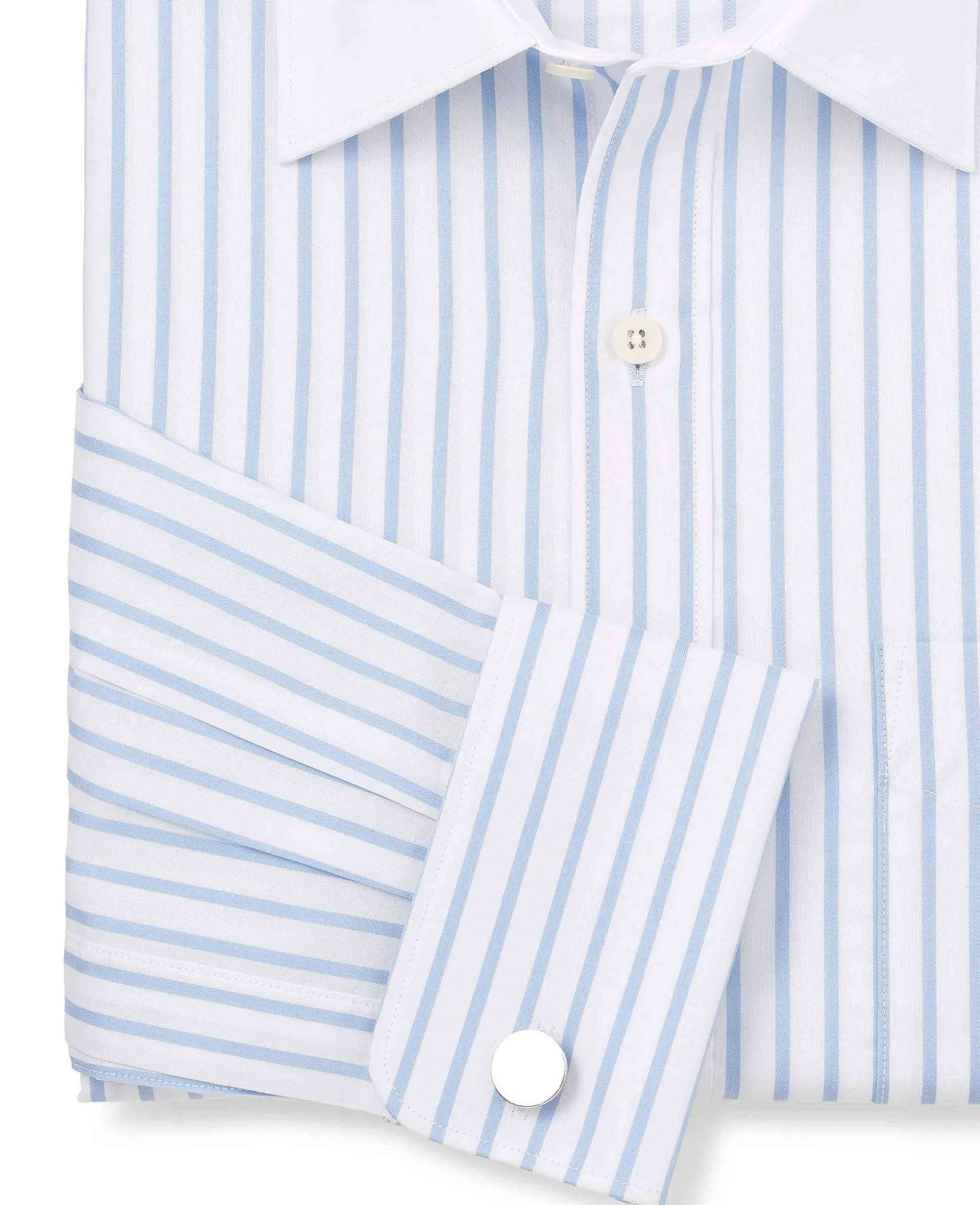 Sky Blue White Cotton Herringbone Stripe Classic Fit Winchester Formal Shirt - Double Cuff