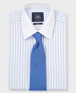 Sky Blue White Cotton Herringbone Stripe Classic Fit Winchester Formal Shirt - Double Cuff