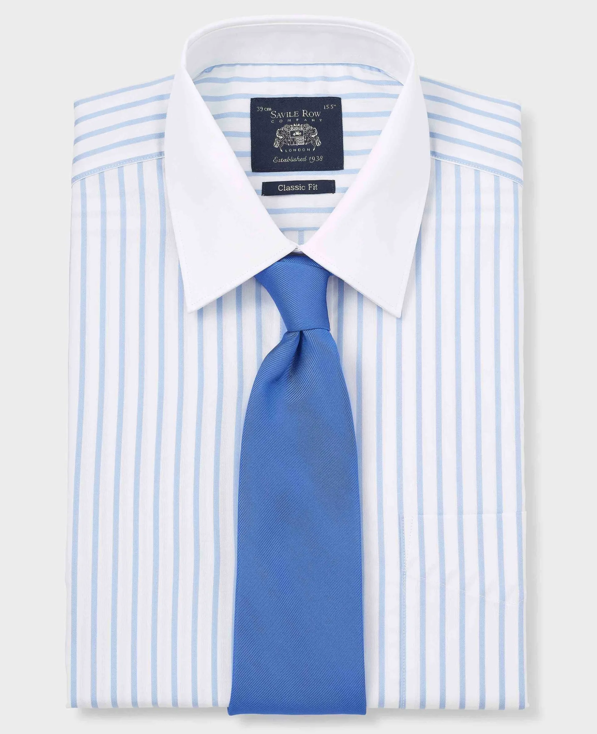 Sky Blue White Cotton Herringbone Stripe Classic Fit Winchester Formal Shirt - Double Cuff