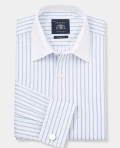 Sky Blue White Cotton Herringbone Stripe Classic Fit Winchester Formal Shirt - Double Cuff