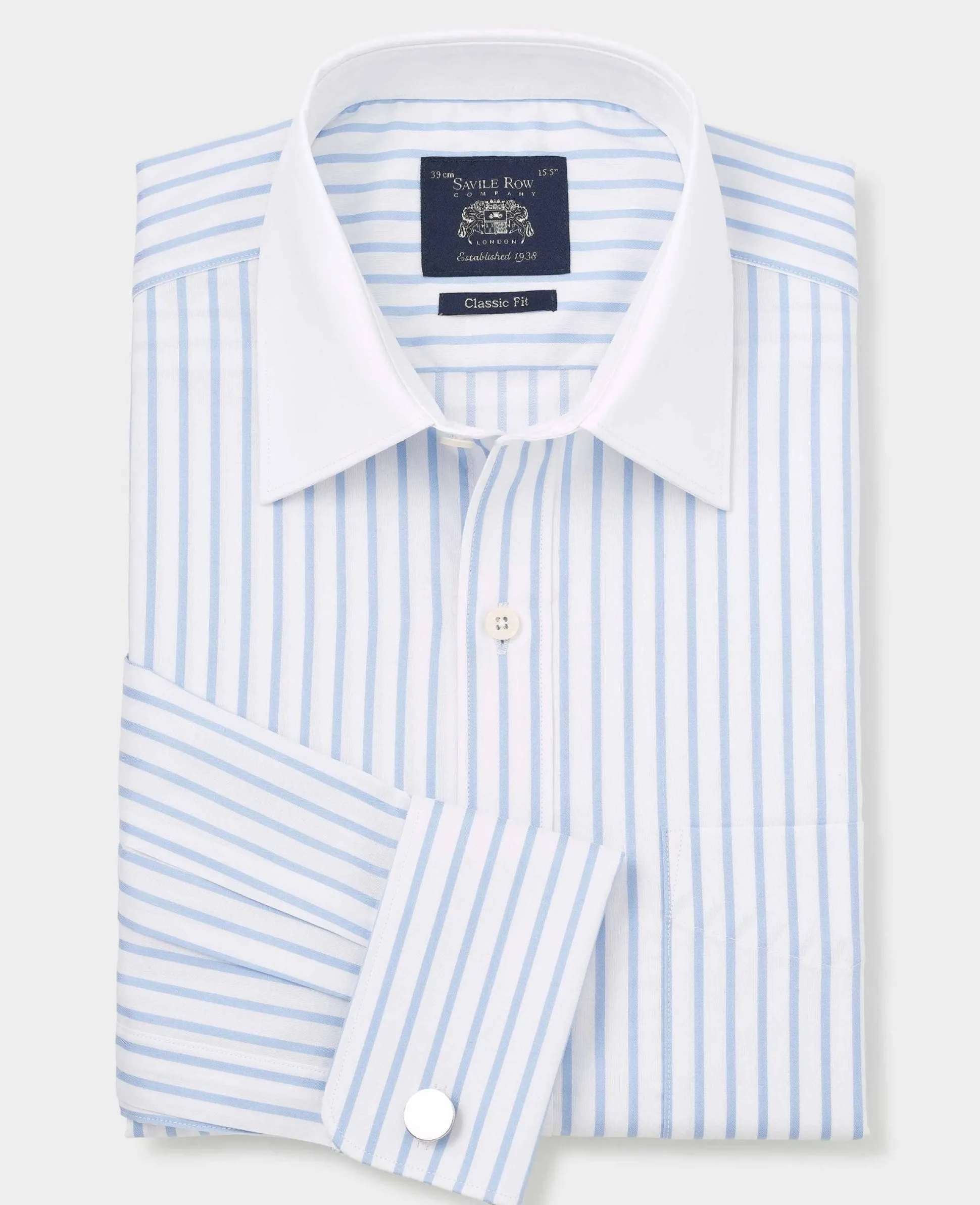 Sky Blue White Cotton Herringbone Stripe Classic Fit Winchester Formal Shirt - Double Cuff