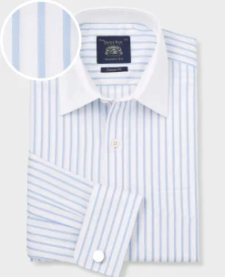 Sky Blue White Cotton Herringbone Stripe Classic Fit Winchester Formal Shirt - Double Cuff