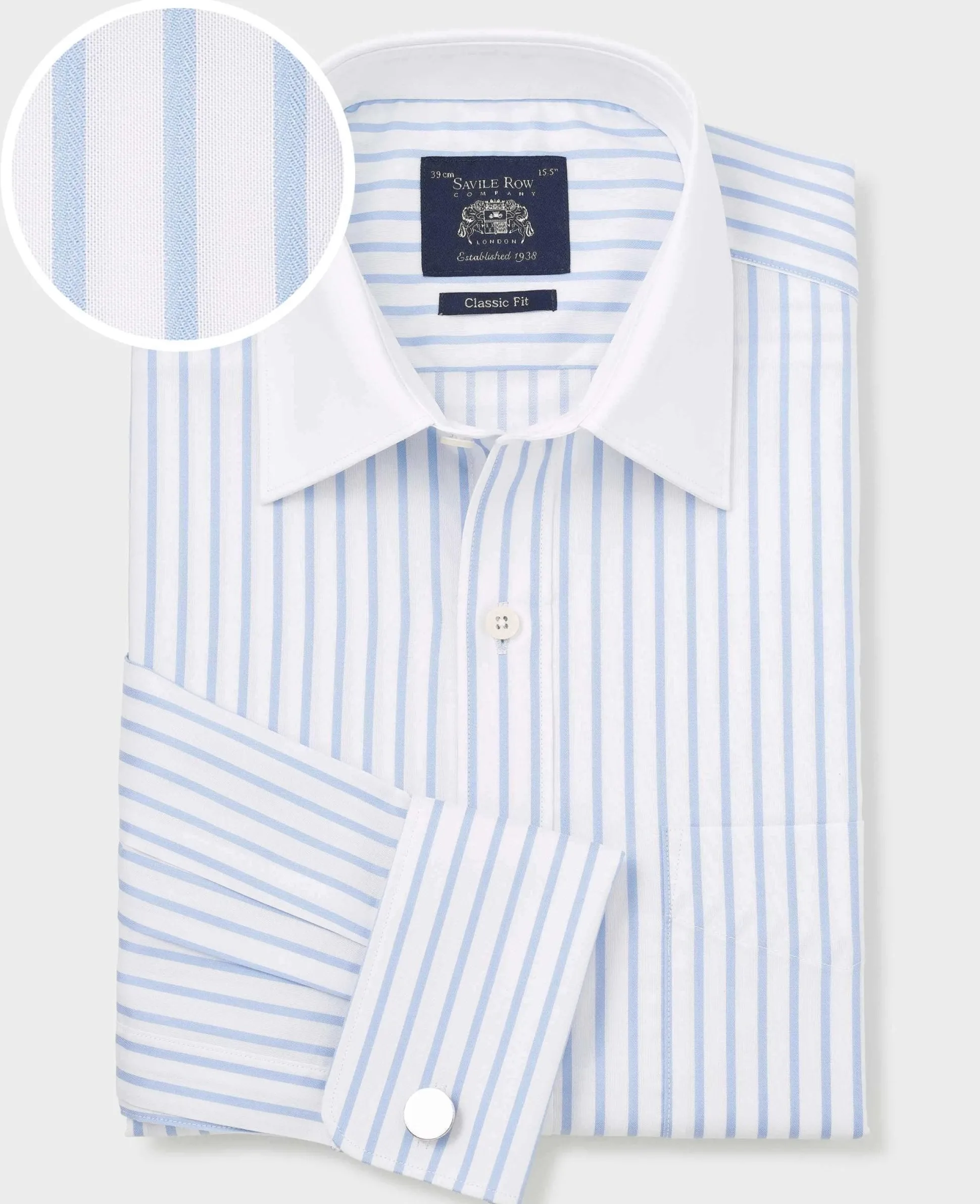 Sky Blue White Cotton Herringbone Stripe Classic Fit Winchester Formal Shirt - Double Cuff
