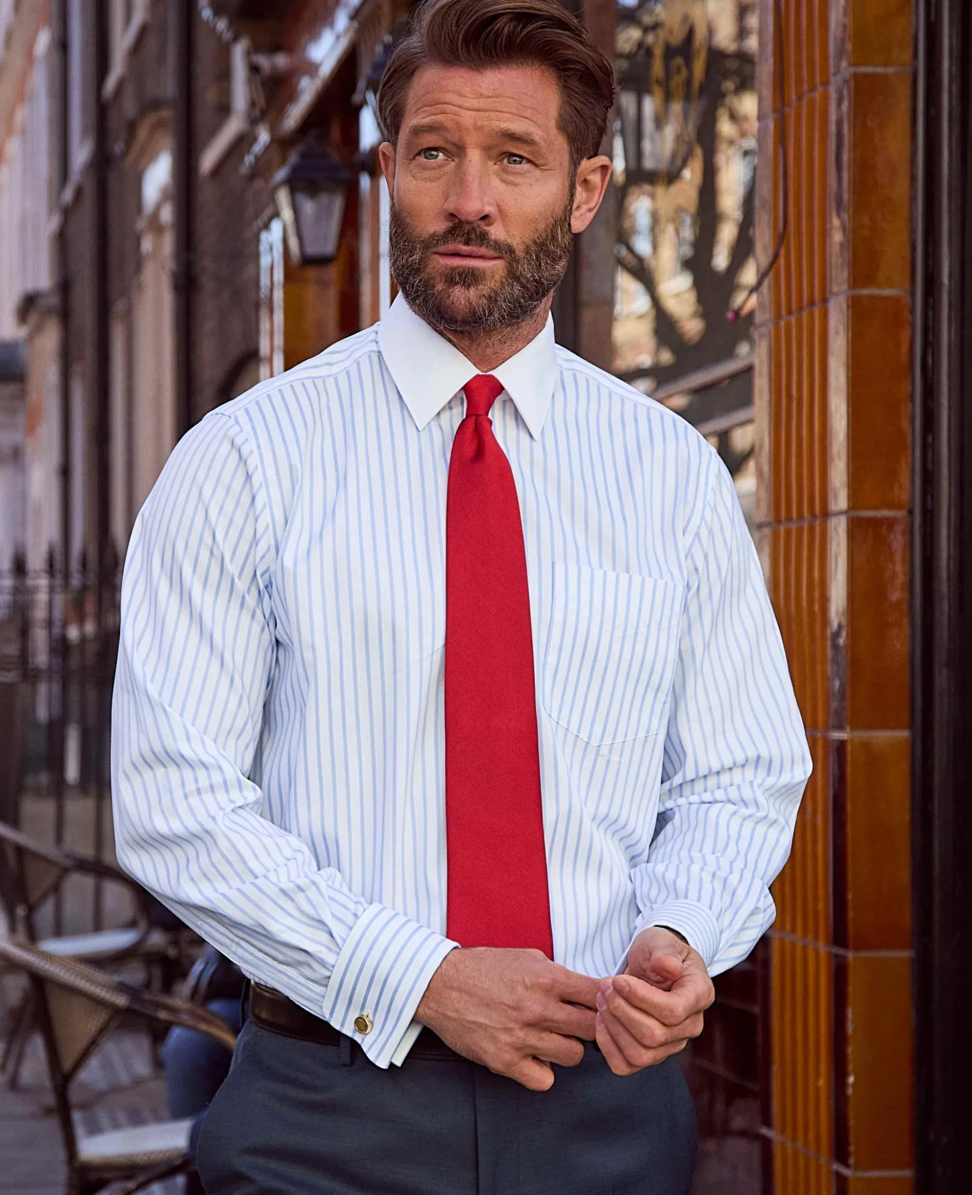 Sky Blue White Cotton Herringbone Stripe Classic Fit Winchester Formal Shirt - Double Cuff