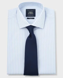 Sky Blue White Cotton Poplin Striped Slim Fit Formal Shirt - Double Cuff