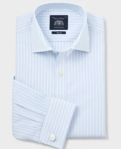 Sky Blue White Cotton Poplin Striped Slim Fit Formal Shirt - Double Cuff