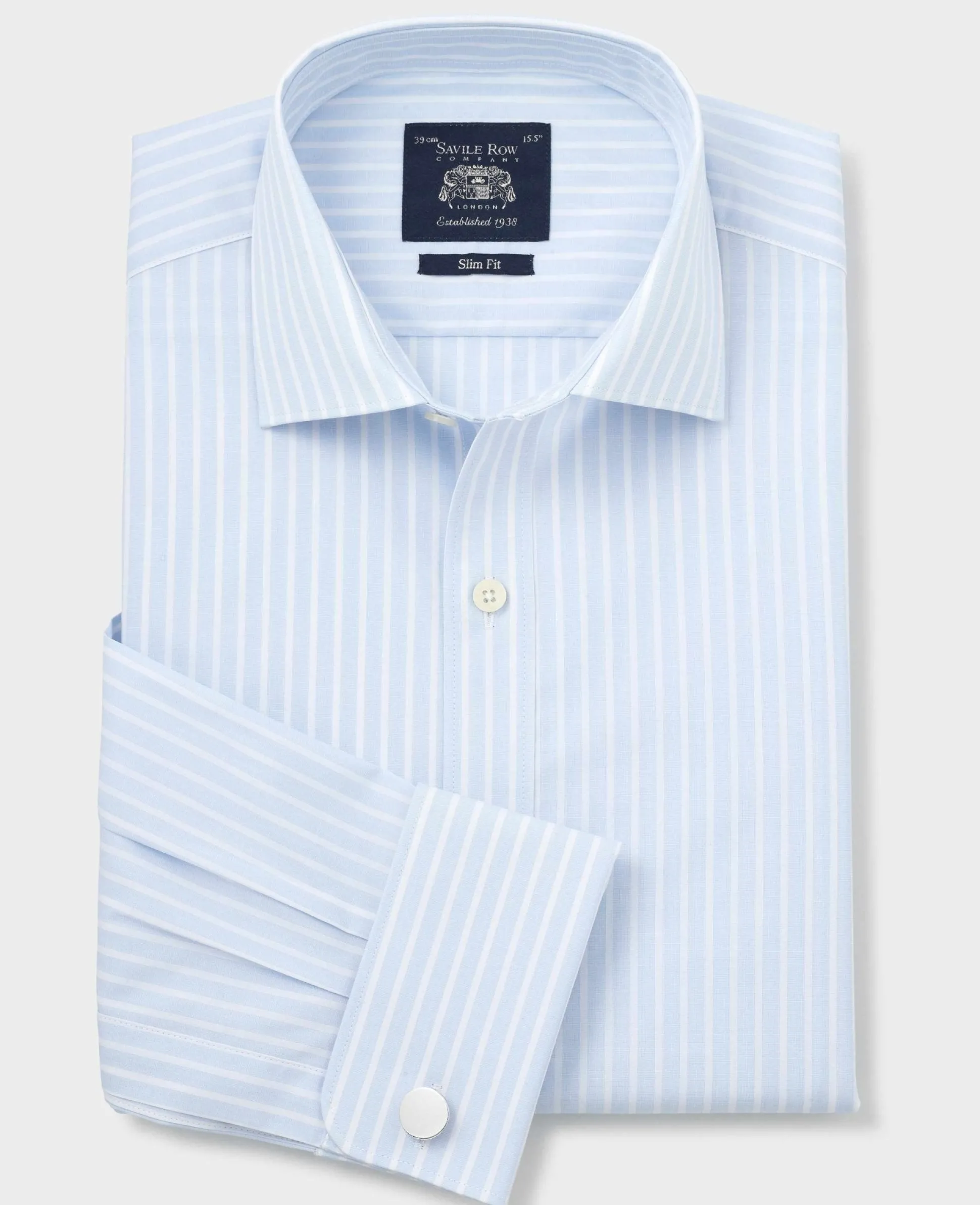 Sky Blue White Cotton Poplin Striped Slim Fit Formal Shirt - Double Cuff