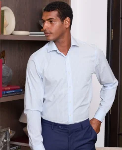 Sky Blue White Cotton Poplin Striped Slim Fit Formal Shirt - Double Cuff