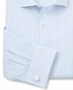 Sky Blue White Cotton Poplin Striped Slim Fit Formal Shirt - Double Cuff
