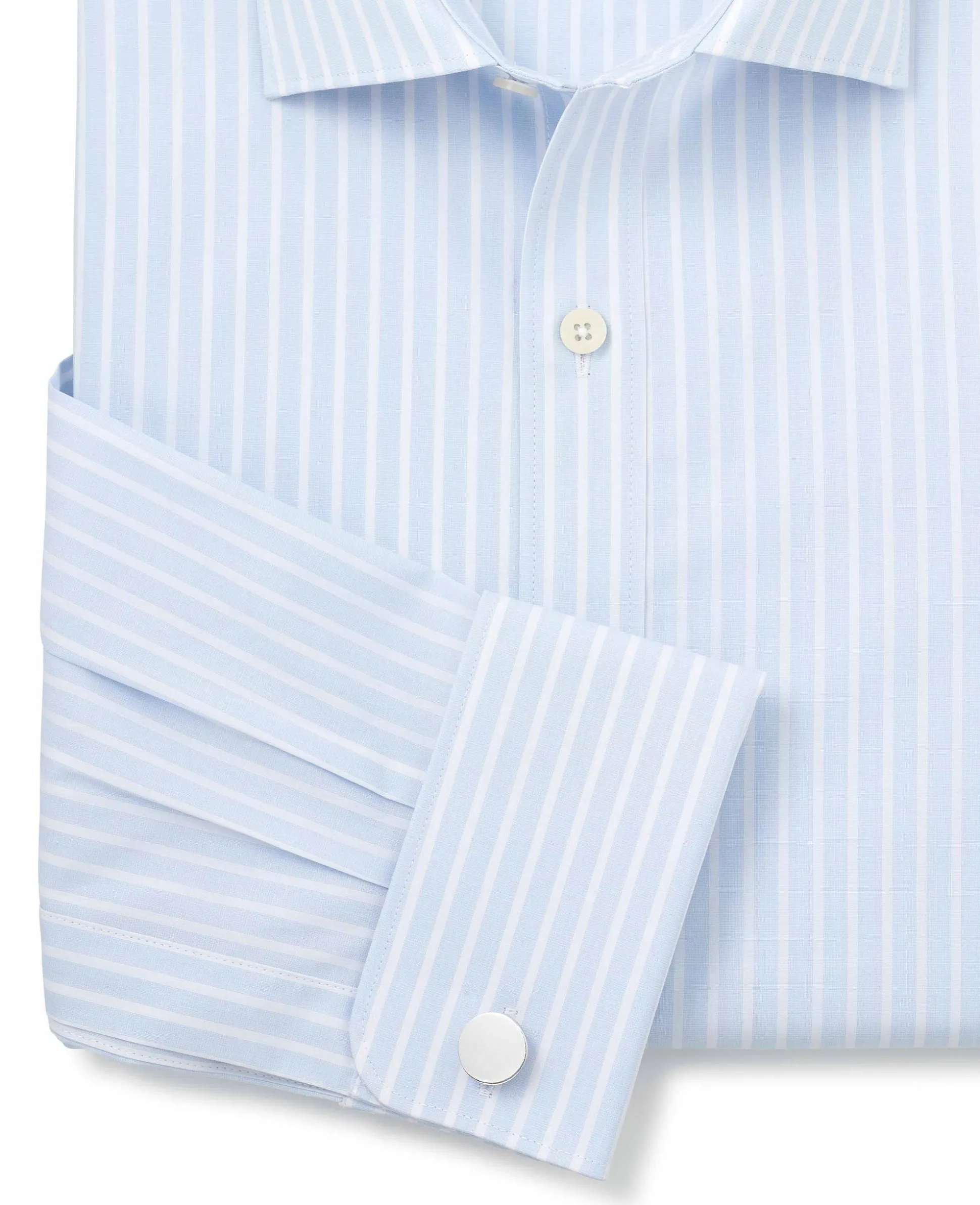 Sky Blue White Cotton Poplin Striped Slim Fit Formal Shirt - Double Cuff