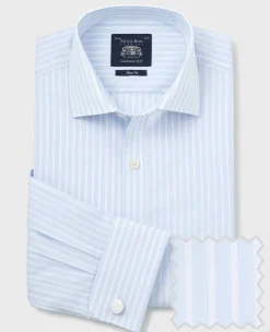 Sky Blue White Cotton Poplin Striped Slim Fit Formal Shirt - Double Cuff