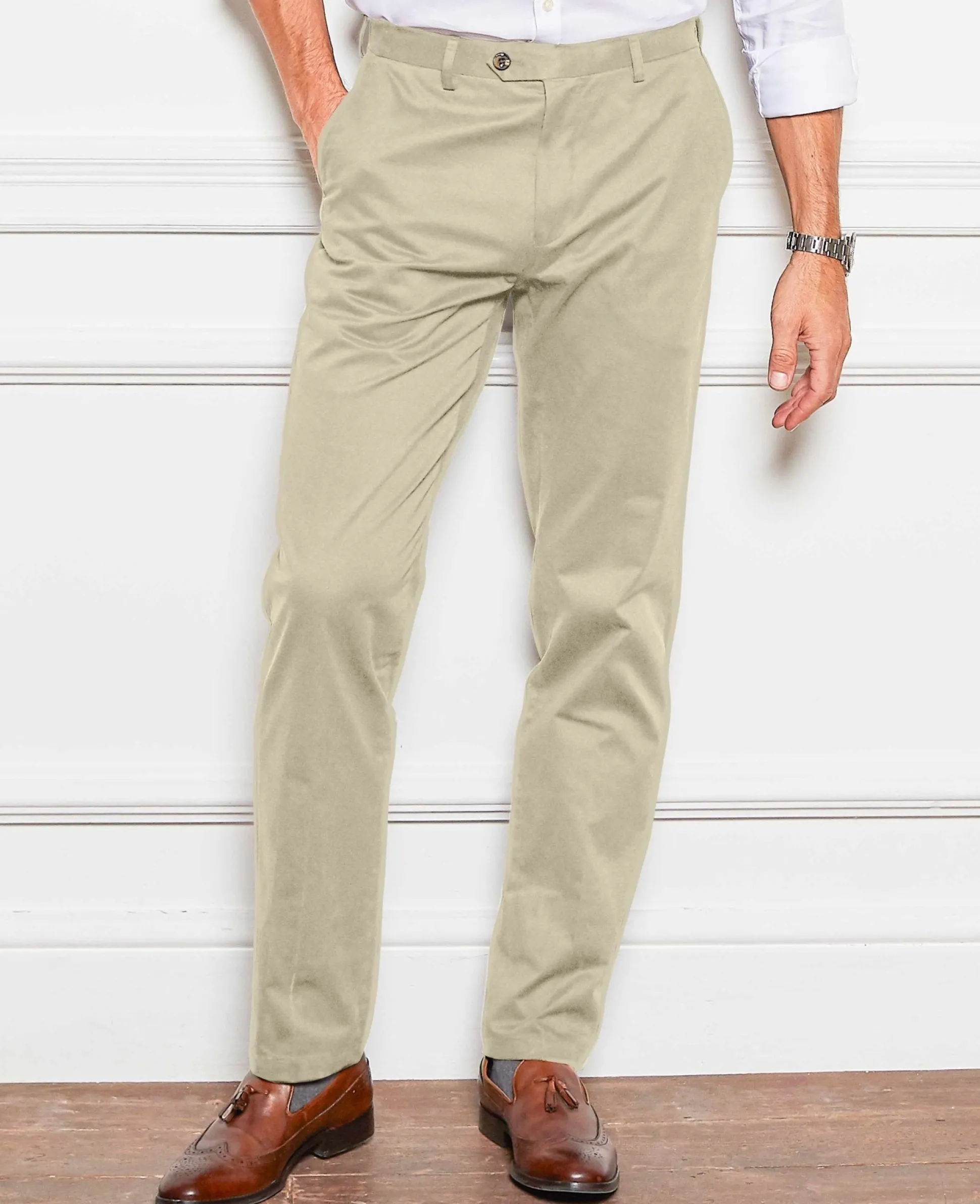 Stone Stretch Cotton Classic Fit Flat Front Chinos
