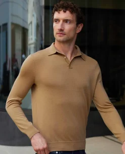 Tan Merino Wool Knitted Polo Shirt