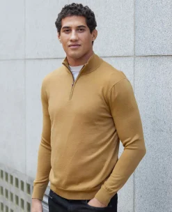 Tan Merino Wool Zip Neck Jumper