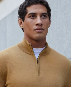 Tan Merino Wool Zip Neck Jumper