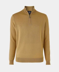 Tan Merino Wool Zip Neck Jumper