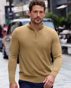 Tan Merino Wool Zip Neck Jumper