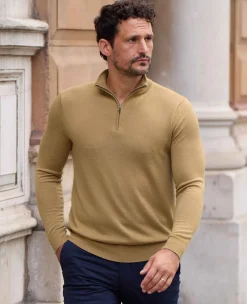 Tan Merino Wool Zip Neck Jumper