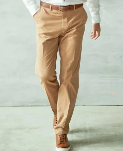 Tan Stretch Cotton Classic Fit Flat Front Chinos