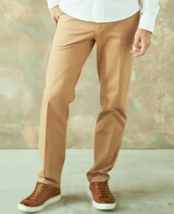 Tan Stretch Cotton Classic Fit Flat Front Chinos
