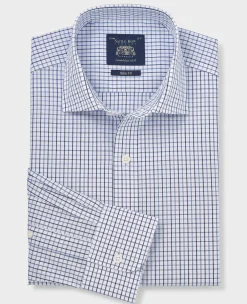 White Blue Cotton Poplin Slim Fit Check Formal Shirt - Single Cuff