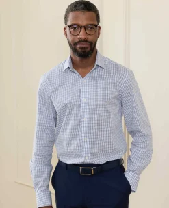 White Blue Cotton Poplin Slim Fit Check Formal Shirt - Single Cuff