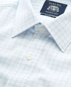 White Blue Cotton Twill Window Check Classic Fit Formal Shirt - Double Cuff