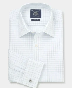 White Blue Cotton Twill Window Check Classic Fit Formal Shirt - Double Cuff