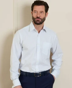 White Blue Cotton Twill Window Check Classic Fit Formal Shirt - Double Cuff
