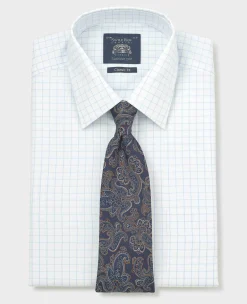White Blue Cotton Twill Window Check Classic Fit Formal Shirt - Double Cuff